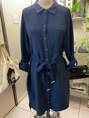 💜💜💜Sharagano Navy Button-Front Shirt Dress with Self Tie